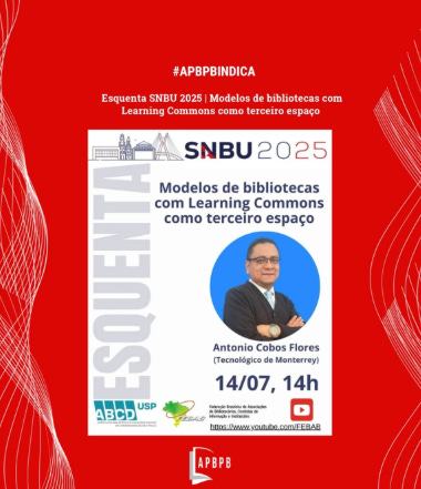 #descrevemospravocê  #APBPBINDICA  Esquenta SNBU 2025 | Modelos de bibliotecas com Learning Commons como terceiro espaço.  A imagem é um card de divulgação com fundo vermelho e linhas brancas onduladas nas laterais. No centro, há um retângulo branco com o texto do evento. No topo, aparece o logo SNBU 2025 em preto e vermelho, seguido do título em letras pretas: “Modelos de bibliotecas com Learning Commons como terceiro espaço”. Abaixo, há uma foto em formato circular de Antonio Cobos Flores, que veste terno escuro, camisa clara e gravata azul, com óculos e sorriso leve, sendo identificado como representante da Tecnológico de Monterrey. No rodapé do card branco, aparecem a data e horário do evento: 14/07, às 14h, acompanhados do logo do YouTube em vermelho e branco, com o link “https://www.youtube.com/@FEBAB” logo abaixo, indicando a transmissão online. Ao lado, há os logos da ABCD, USP e FEBAB em verde e azul. À esquerda, em letras cinza claras na vertical, está a palavra “ESQUENTA”.  Na parte inferior central, sobre o fundo vermelho, está o logo da APBPB em branco dentro de um retângulo vermelho escuro. O card transmite um convite formal e organizado, destacando o tema de inovação em bibliotecas para o Esquenta SNBU 2025, com foco em aprendizagem colaborativa e bibliotecas como espaços de convivência e construção de conhecimento.