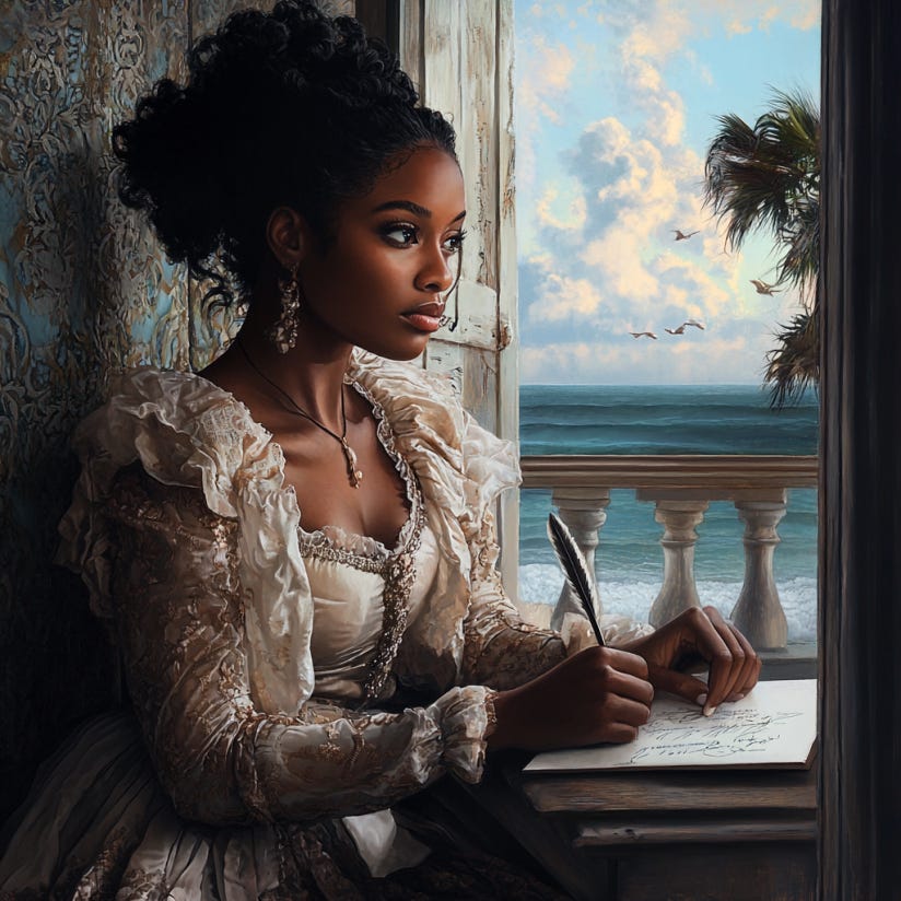 Woman in 1800s dress, sitting by a window with an ocean view, quill pen in her hand and writing. Created by author on Midjourney.
