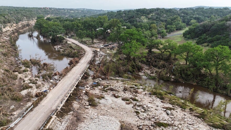 A drone view shows the Guadalupe River and damage from flooding near Camp Mystic in Hunt, Texas, U.S. July 5, 2025.