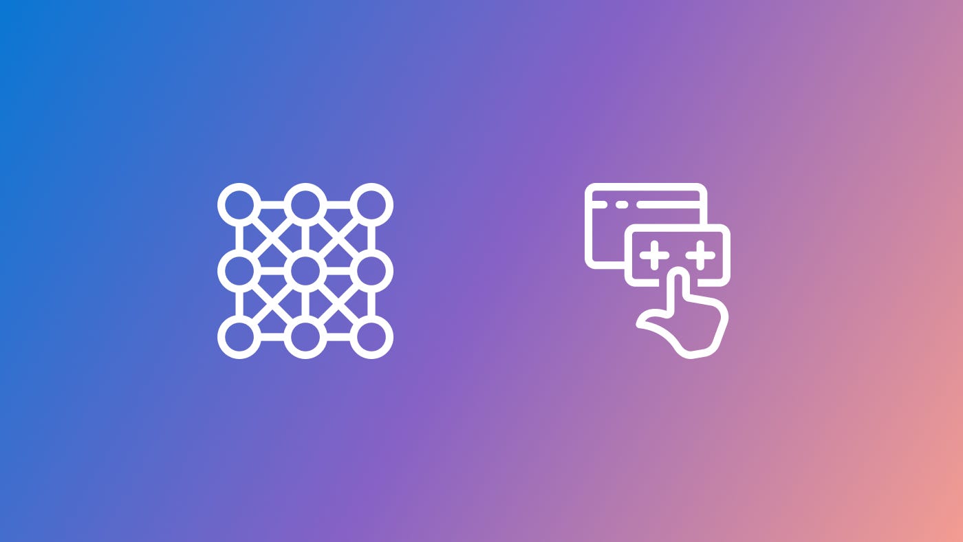 white outline icons (representing AI and human computer interaction) on a blue to purple to pink gradient background.