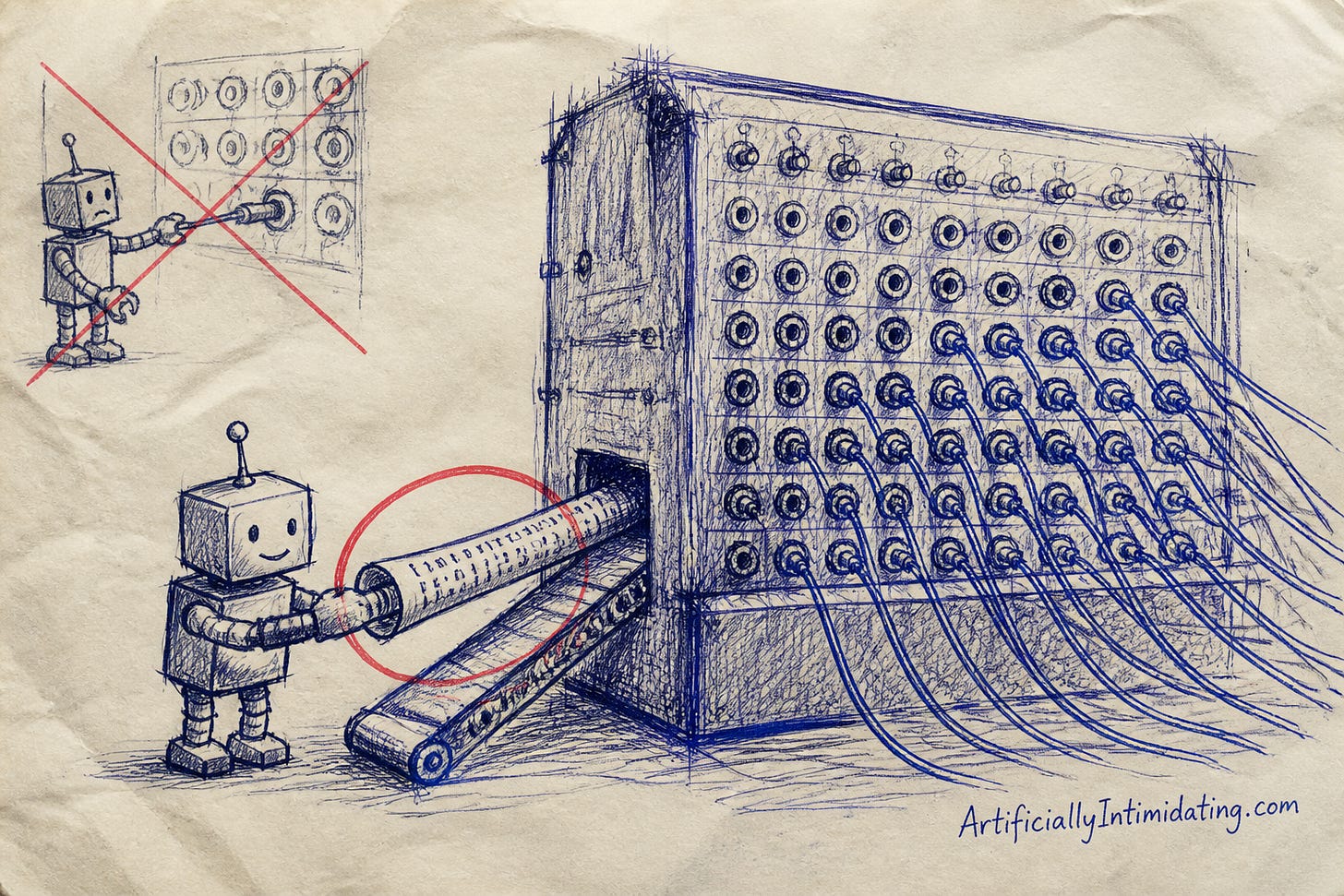 A small friendly robot feeds one rolled script into a conveyor that plugs cables into a wall of switchboard sockets at once, with a crossed-out sketch of the old one-cable-at-a-time way.