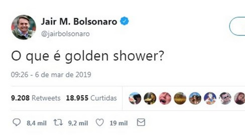 Usuários do Twitter respondem a Bolsonaro o que é 'golden shower' - Brasil  - Extra Online