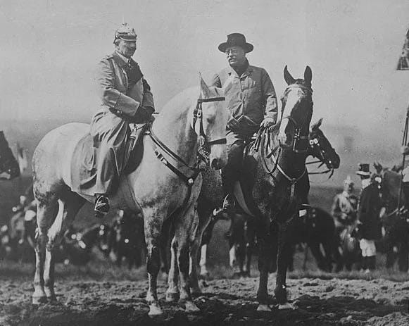 Then former US President Theodore Roosevelt and German Emperor Kaiser Wilhelm II riding on horseback in Döberitz, Germany Circa (1910). Then former US President Theodore Roosevelt and German Emperor Kaiser Wilhelm II riding on horseback in Döberitz, Germany Circa (1910).