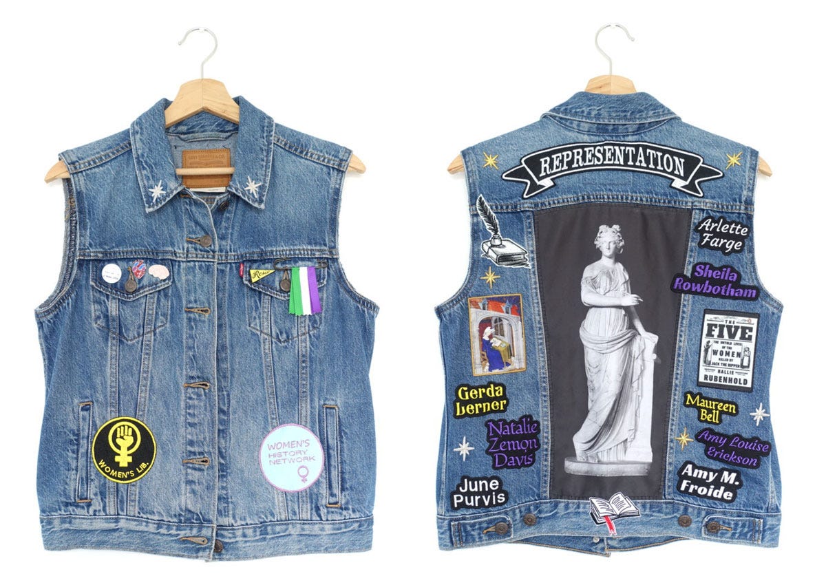 A composite image of the front and back of a sleeveless denim jacket decorated with embroidered patches and badges
