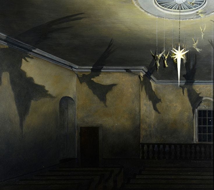 This may contain: a painting of bats flying in the air over a room with pews and chandelier