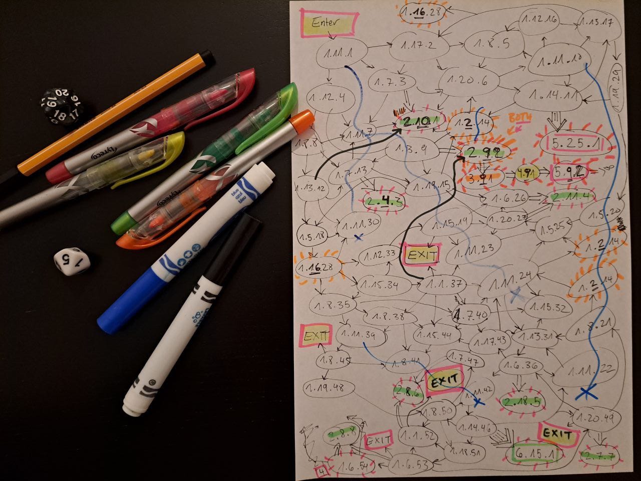 A map of level one, unfinished, with over 50 nodes. It looks like criss-crossing scribbles.