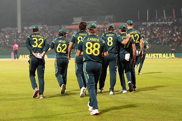Australia players walk out to field during the ICC Men's T20 World Cup India & Sri Lanka 2026 match between Australia and Sri Lanka at Pallekele...
