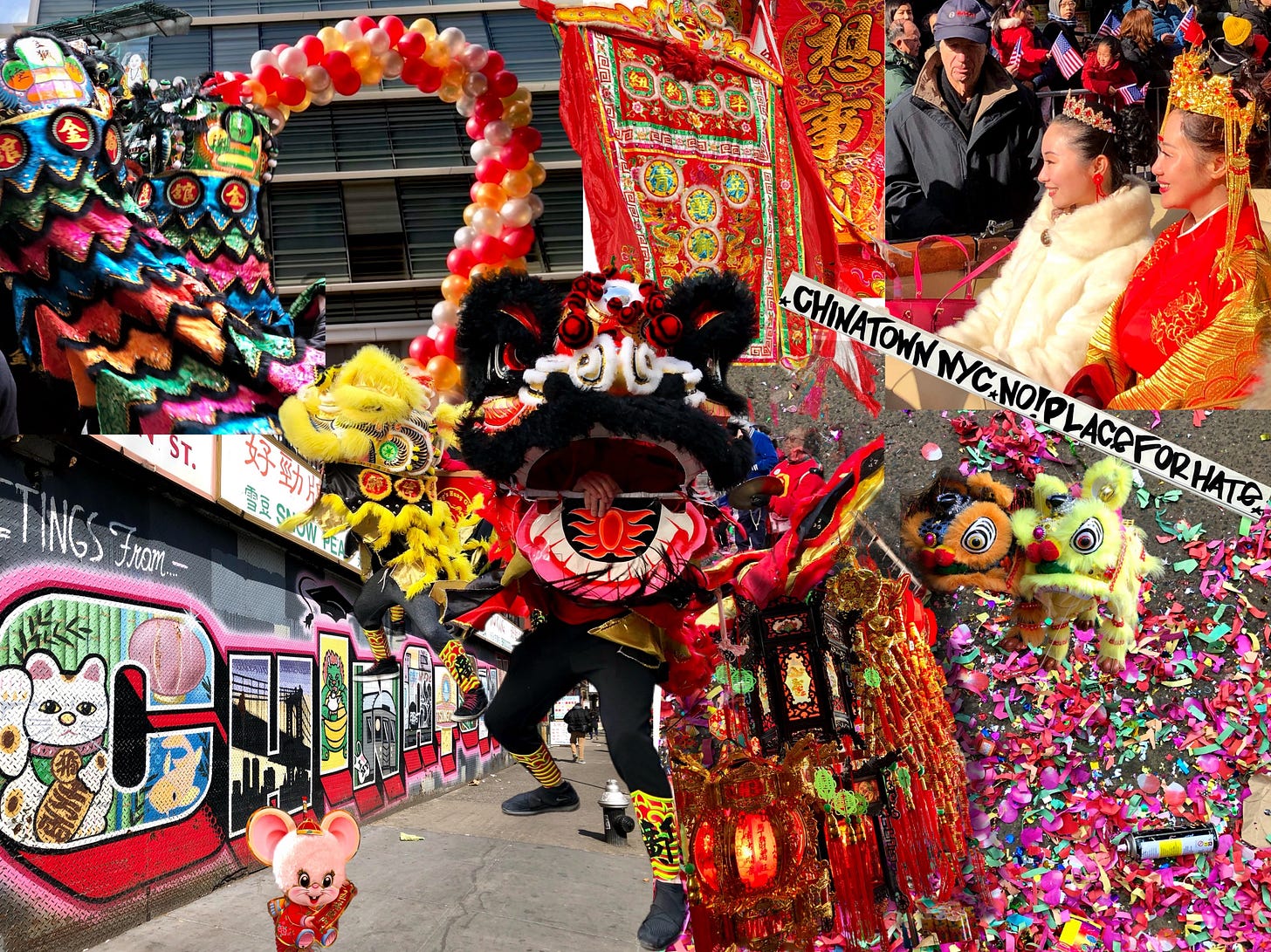 chinese new year collage featuring lion dancer, balloons, women in red costume and gold crown, confetti on the sidewalk, wall of graffiti that says Chinatown, chinese lanterns