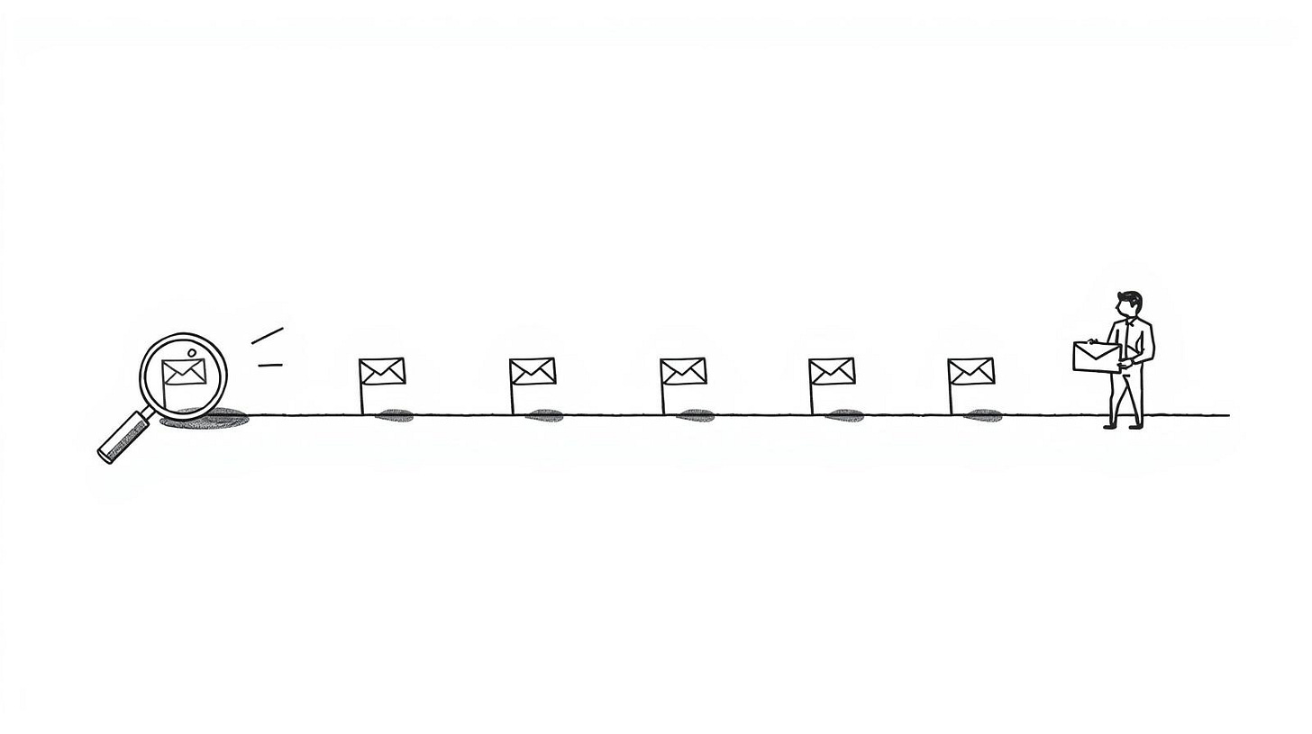 Timeline with old flag markers and magnifying glass connected to new application on right