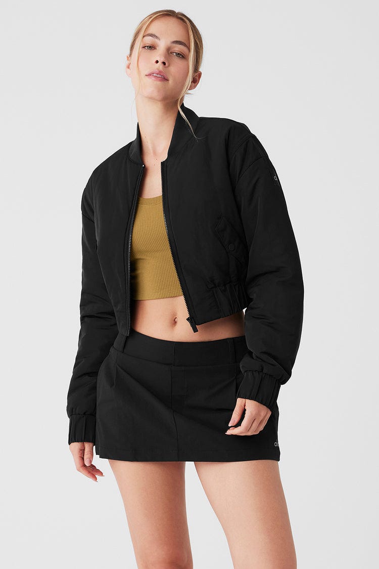 Cropped Break Line Bomber Jacket - Black--0