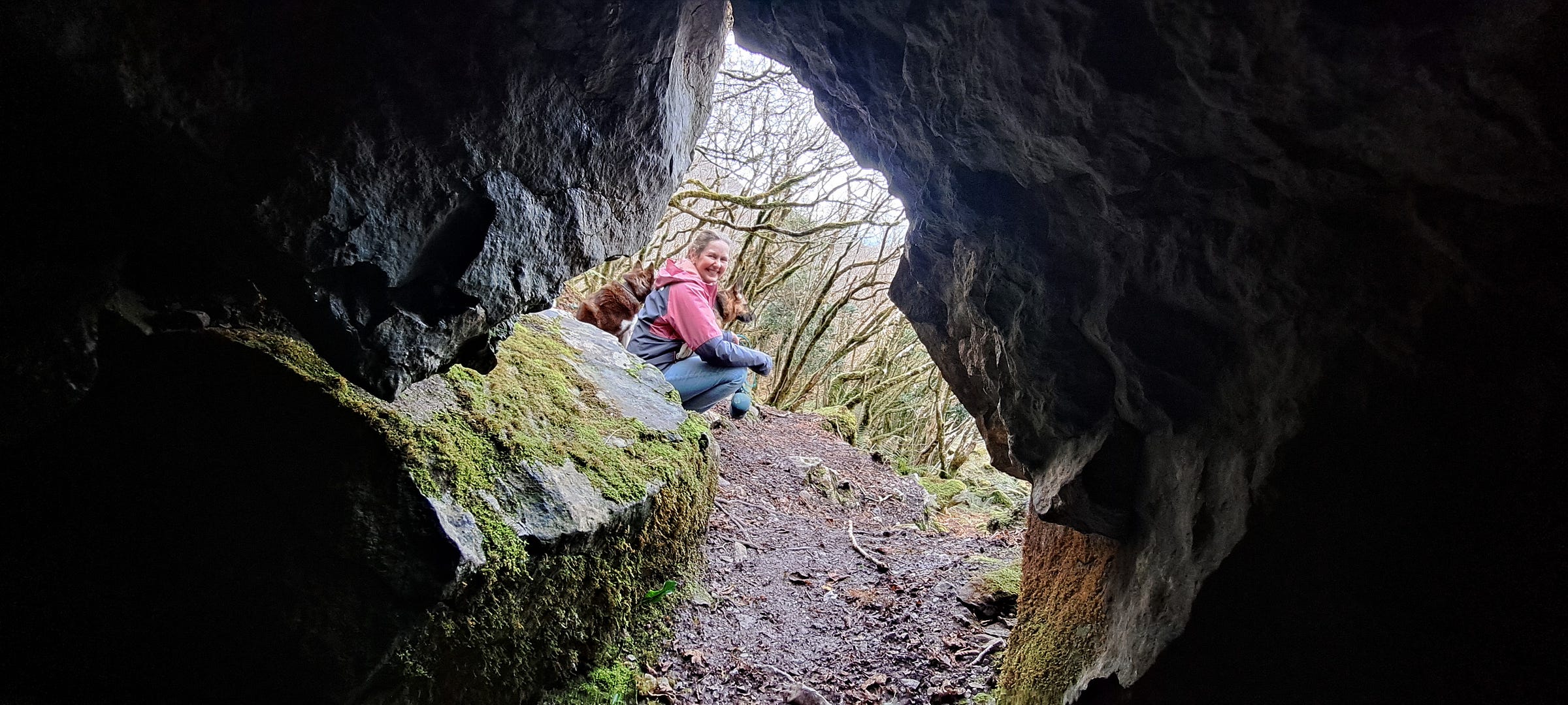 Picture taken from inside a cave looking out at woman with two dogs sitting just outside the entrance. She has two dogs beside her, and beyond are the mossy trunks and branches of bare winter hazel trees.