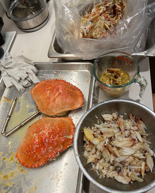 crab cleaning and salad