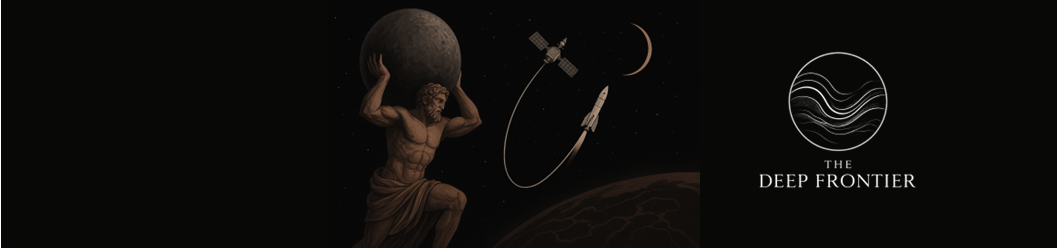 A mythological figure of Atlas kneels, straining under the weight of the Earth, his muscles taut with effort. Above him, a rocket arcs upward through the sky, its trajectory perfectly aligned with a satellite in orbit. The composition emphasizes symmetry between the rocket’s ascent and the satellite’s position, symbolizing ambition carried through to purpose. The contrast between Atlas’s burden below and the celestial arc above conveys the link between earthbound foundations and orbital achievement.