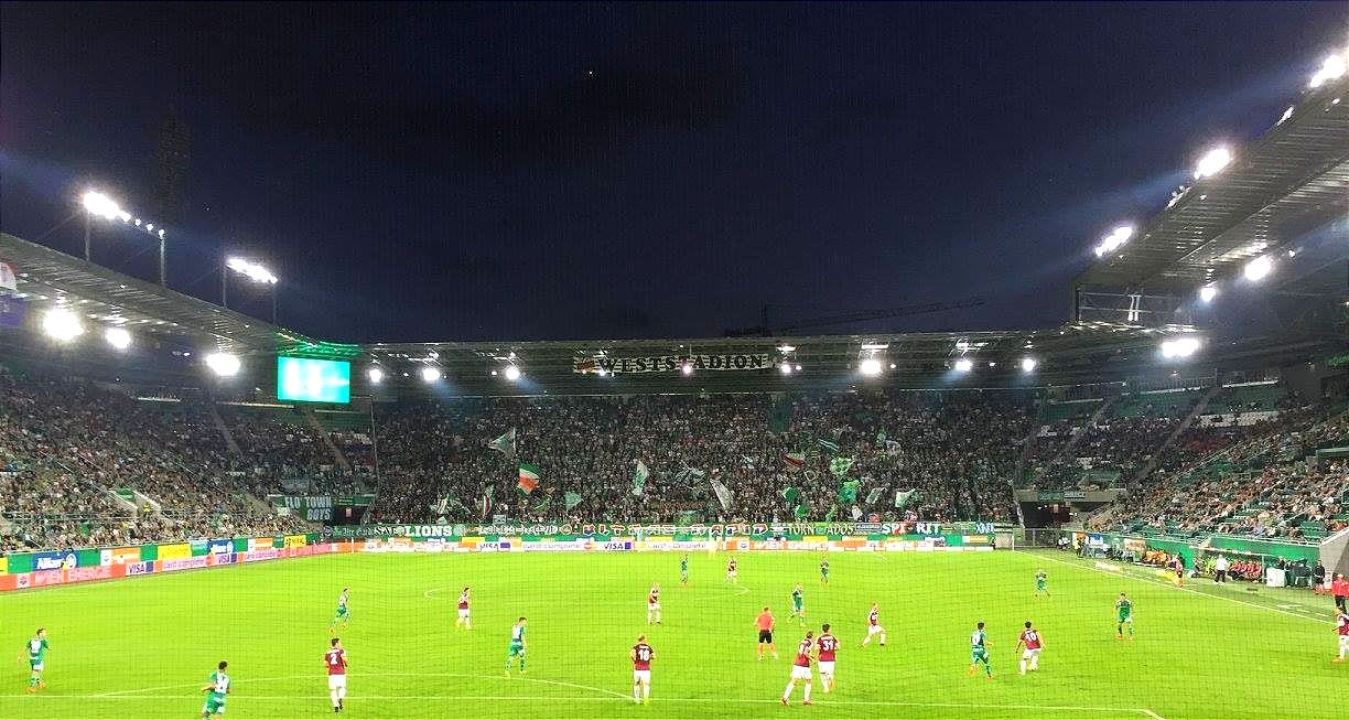 Rapid Wien fans and a match scene at the Weststadion, Vienna, Austria