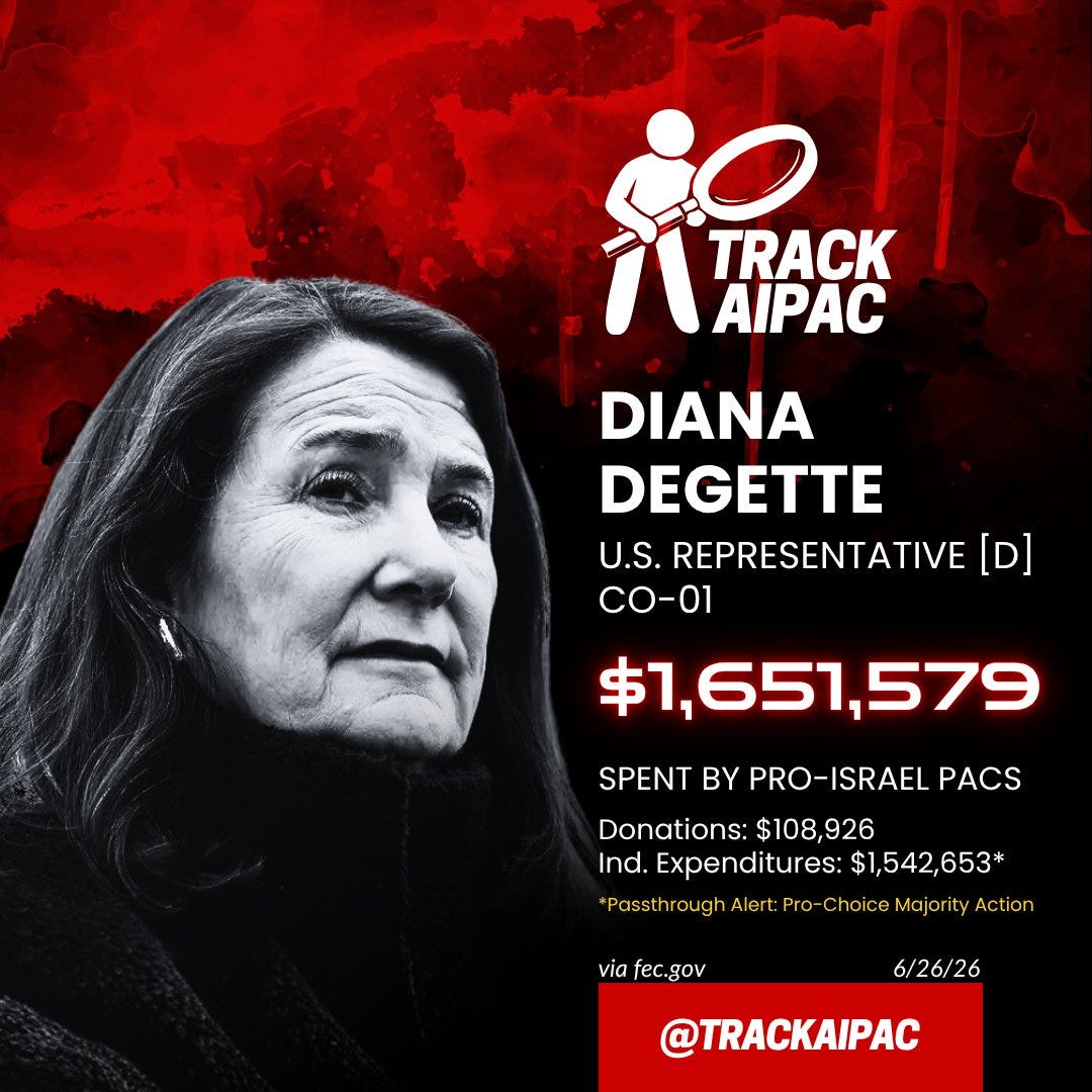 🚨 AIPAC passthrough PAC confirmed: Pro-Choice Majority Action The PAC is  has spent >$1.5 million since last week propping up Rep. Diana Degette and  attacking @MelatKirosCO in #CO01. Election day is Tuesday,