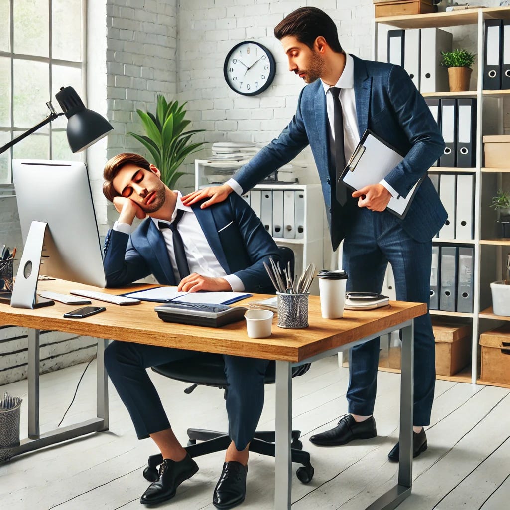 A humorous depiction of a white-collar worker wearing a business suit, asleep at their desk in a modern office. The desk is cluttered with office supplies, a computer, and coffee cups. An HR representative, dressed professionally, is gently waking them up by tapping their shoulder and holding a clipboard. The scene is bright, with a lighthearted and slightly cartoonish style to emphasize the humor in the situation.