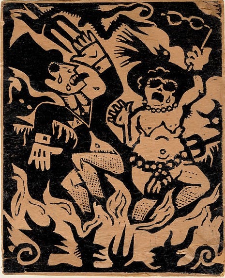Rich people in hell, Jean Charlot  French, Woodcut on thin paper, backed to a cardboard support