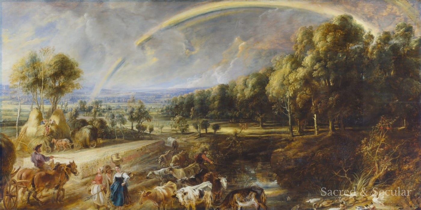 A wide pastoral landscape beneath a dramatic cloudy sky, with a large rainbow arching across the scene. Farmers, cattle and fields fill the countryside below, while sunlight breaks through the clouds, creating a sense of renewal, abundance and changing seasons.