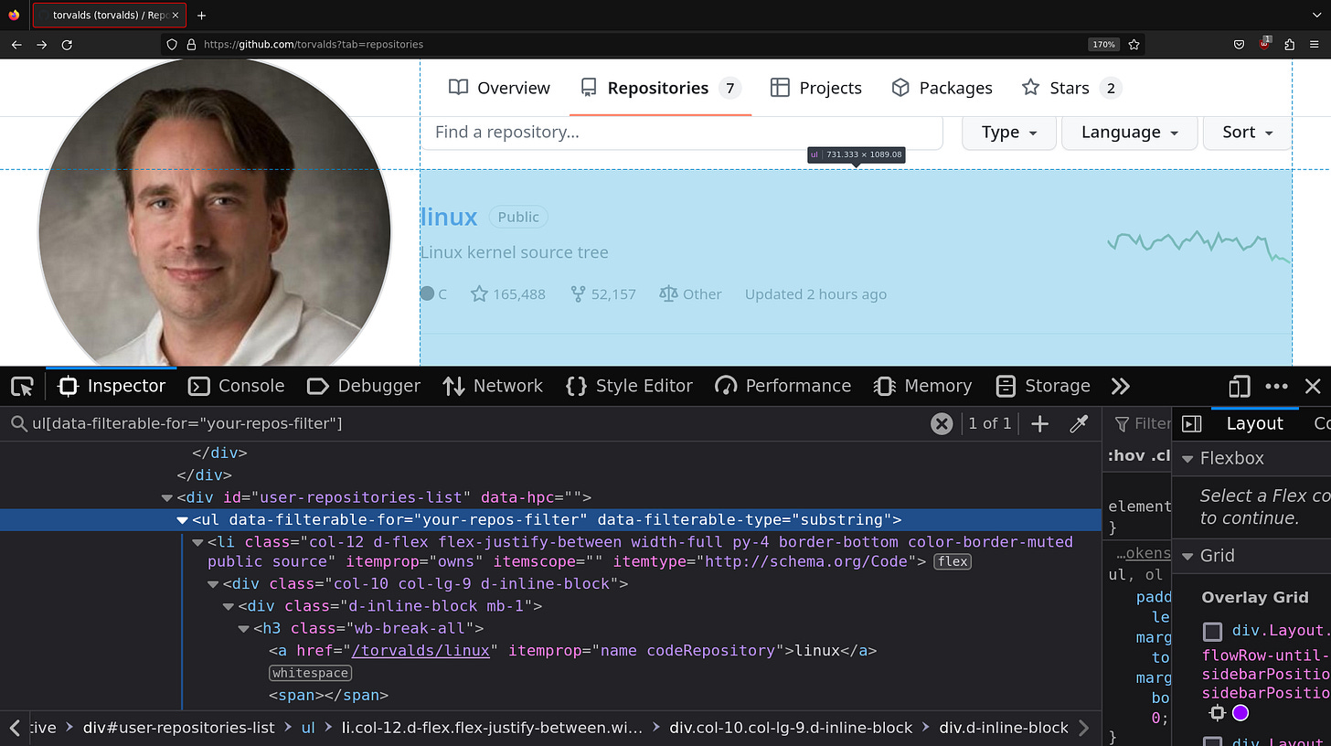 Browser screenshot of the developer options showing the link to the first repository