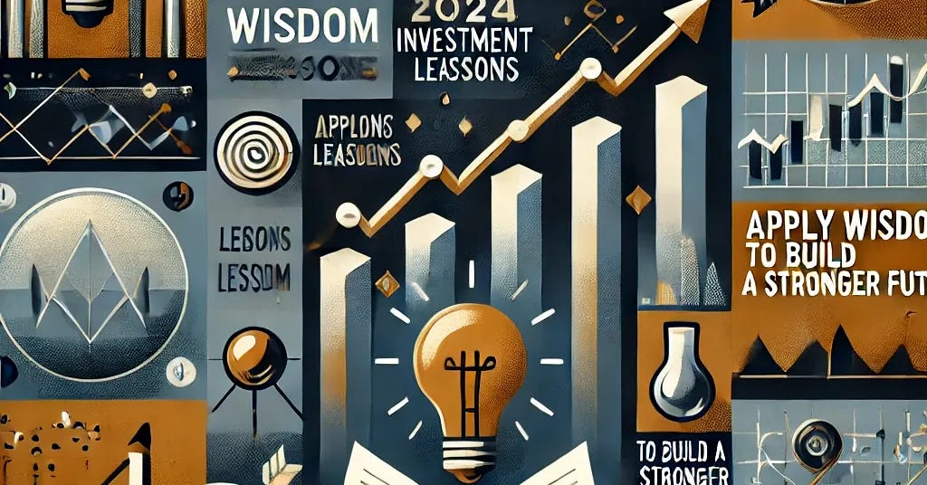 A professional and reflective illustration for the topic '2024 Investment Lessons.' The image features a bold, modern title at the top in a clean sans-serif font. The background includes subtle financial-themed elements like stock charts, upward arrows, and a notebook or book symbolizing lessons learned. Icons such as a light bulb for ideas, a target for goals, and a magnifying glass for analysis are included to highlight key learning themes. The color scheme is a blend of blues, greens, and gold, evoking trust, growth, and achievement. At the bottom, a call-to-action reads 'Apply Wisdom to Build a Stronger Future.'