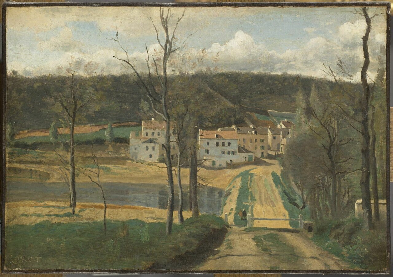 Misty pond landscape with trees and a small house at Ville d'Avray Misty pond landscape with trees and a small house at Ville d'Avray