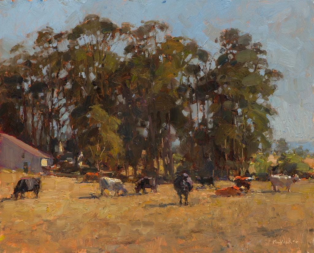A painting of cows grazing in a field

Description automatically generated