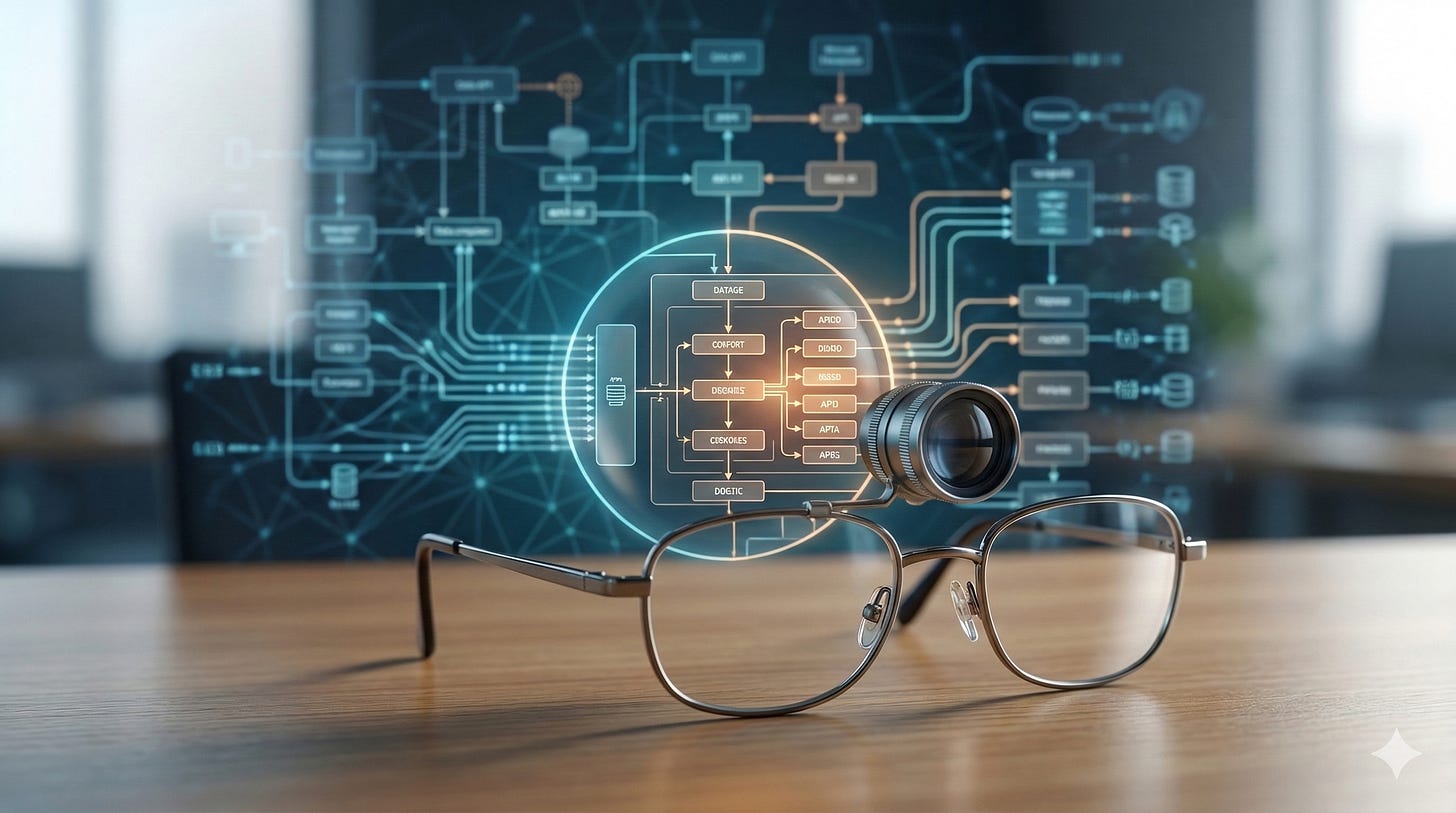 A pair of eyeglasses resting on a wooden desk with a circular magnifying lens behind them. Through the lens, a blurry software architecture diagram on a screen behind comes into sharp, warm-toned focus — showing clear flowchart connections and organized components — while the rest of the diagram remains soft and indistinct in cool blue tones.