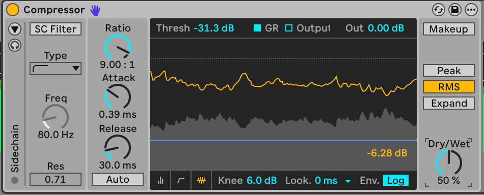 Compressor plugin with 10 dB gain reduction blended at 30 percent wet for parallel compression