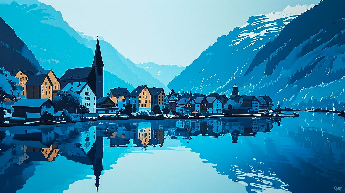 paper cut art, Swiss village, alpine lake, negative space, strong visual flow --ar 16:9 --v 6 paper cut art, Swiss village, alpine lake, negative space, strong visual flow --ar 16:9 --v 6
