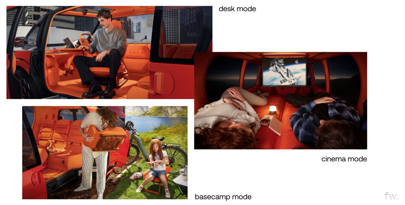 Three images showing ELO in desk mode with a man working at a fold-out table, cinema mode with occupants watching a projected screen, and basecamp mode with outdoor seating by a lake. Three images showing ELO in desk mode with a man working at a fold-out table, cinema mode with occupants watching a projected screen, and basecamp mode with outdoor seating by a lake.
