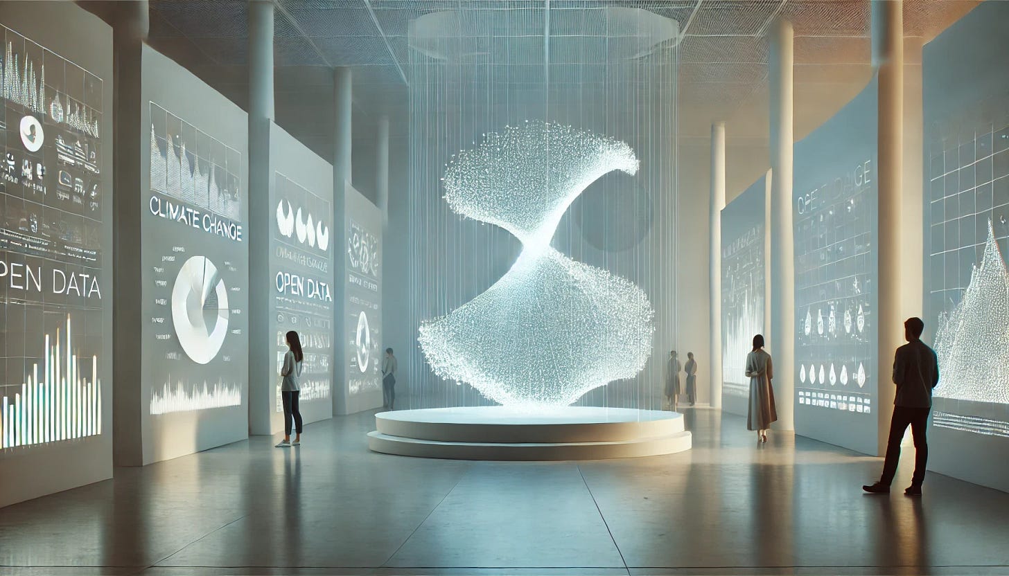 Futuristic exhibition room with people observing holographic data projections and a central glowing sculpture representing dynamic data flow. Walls display charts about climate change and open data.