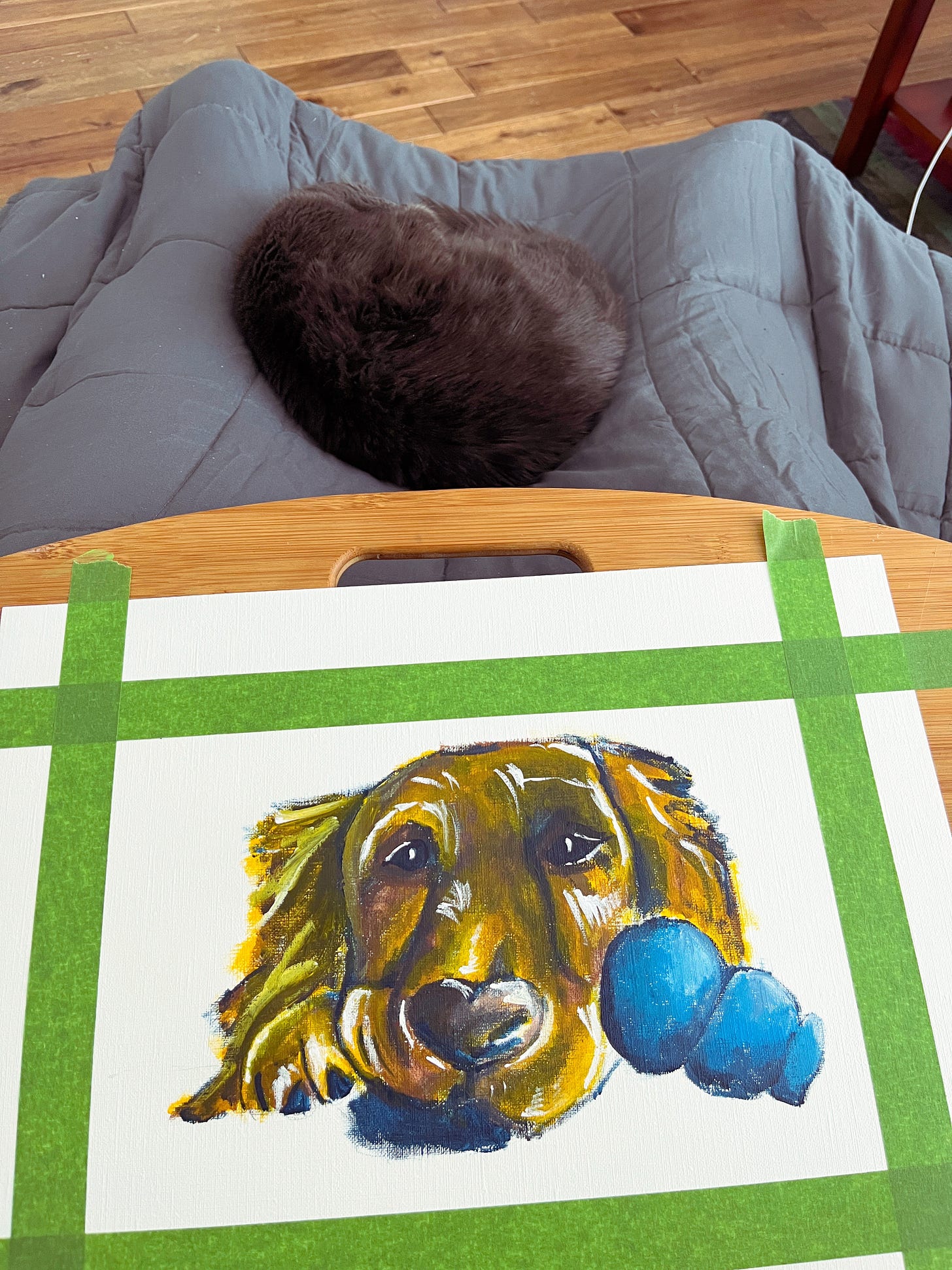 Katoomba the grey cat is curled up asleep at my feet, which are stretched out in front of me, underneath a grey weighted blanket. On my lap is an acrylic painting of a golden retriever I am doing.