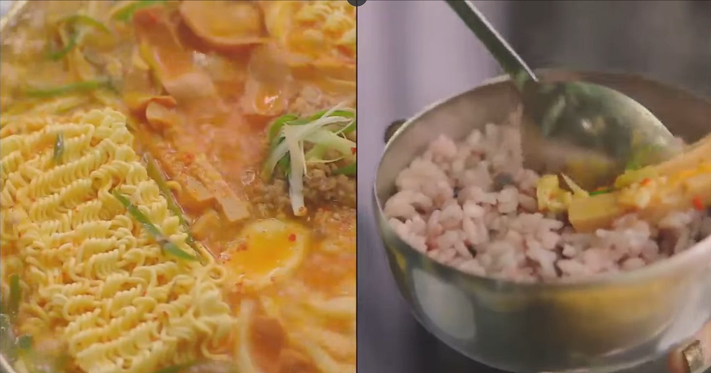 Close-up split-screen of Korean food: on the left, a pot of bright red, bubbling army stew with instant noodles and vegetables still actively boiling; on the right, a metal bowl of steaming rice being mixed with hot toppings. Close-up split-screen of Korean food: on the left, a pot of bright red, bubbling army stew with instant noodles and vegetables still actively boiling; on the right, a metal bowl of steaming rice being mixed with hot toppings.