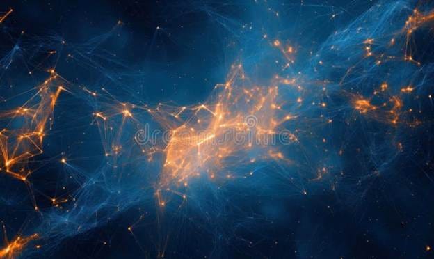 Cosmic Network of Glowing Connections, Vibrant Orange and Blue ...