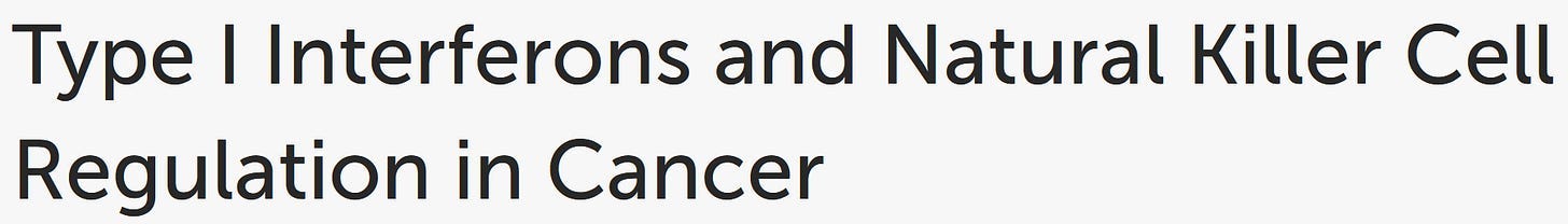 Screenshot of headline from Frontiers article dated March 30th, 2017. Text says: "Type I Interferons and Natural Killer Cell Regulation in Cancer"