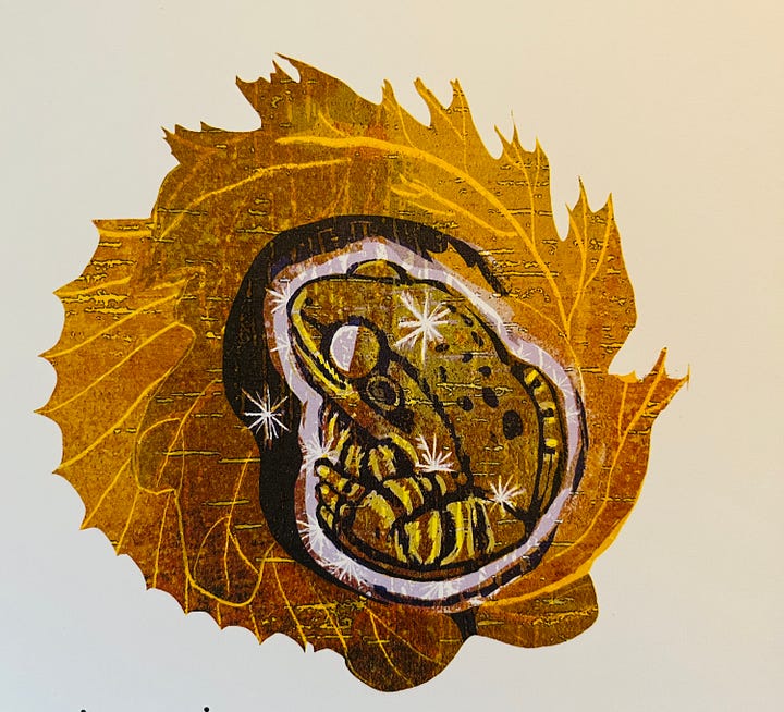 A frozen frog beneath leaves and a little girl in a winter hat looking through a hole in the ice