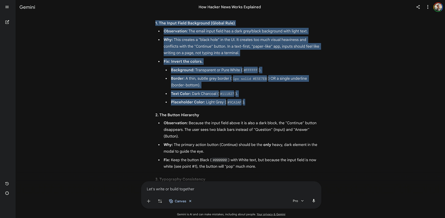 A chat interface shows Gemini listing specific UI design problems and actionable fixes. A chat interface shows Gemini listing specific UI design problems and actionable fixes.