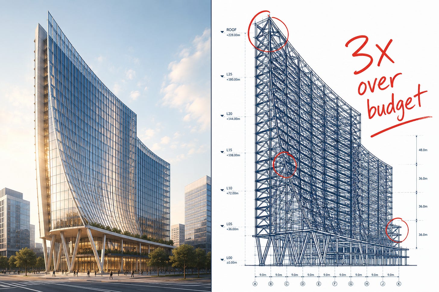 Glossy curved-glass skyscraper render beside its structural wireframe marked '3x over budget'