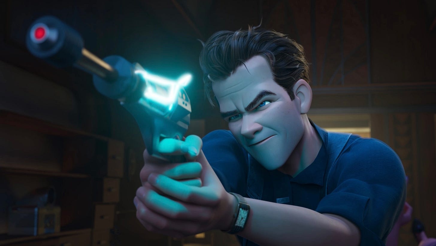 Detective Ray Gunn about to shoot an alien gun in the movie Ray Gunn by Brad Bird Detective Ray Gunn about to shoot an alien gun in the movie Ray Gunn by Brad Bird