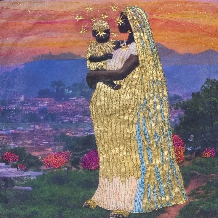 This may contain: an image of a woman holding a child in her arms with the sun setting behind her