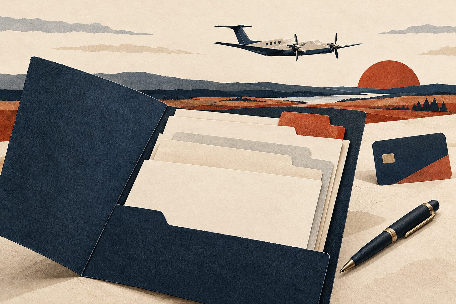 Paper collage of an open document folder, a propeller aircraft, a payment card and a prairie landscape.