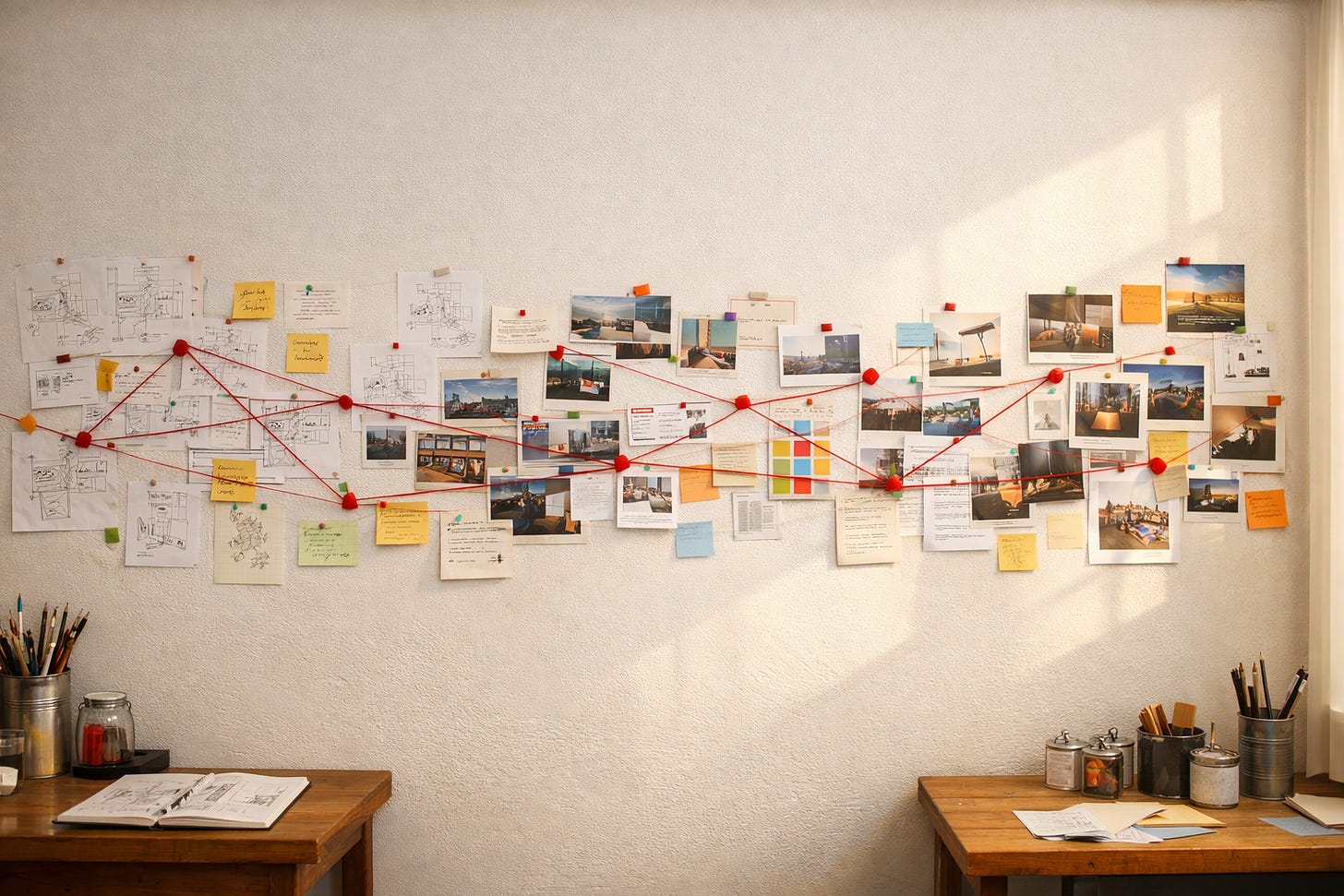 Timeline wall with sketches, photos, and notes connected by red string in artist studio workspace. 