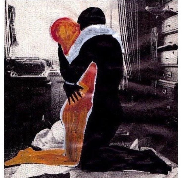 This may contain: an image of a man kneeling down with his arm around a woman's body