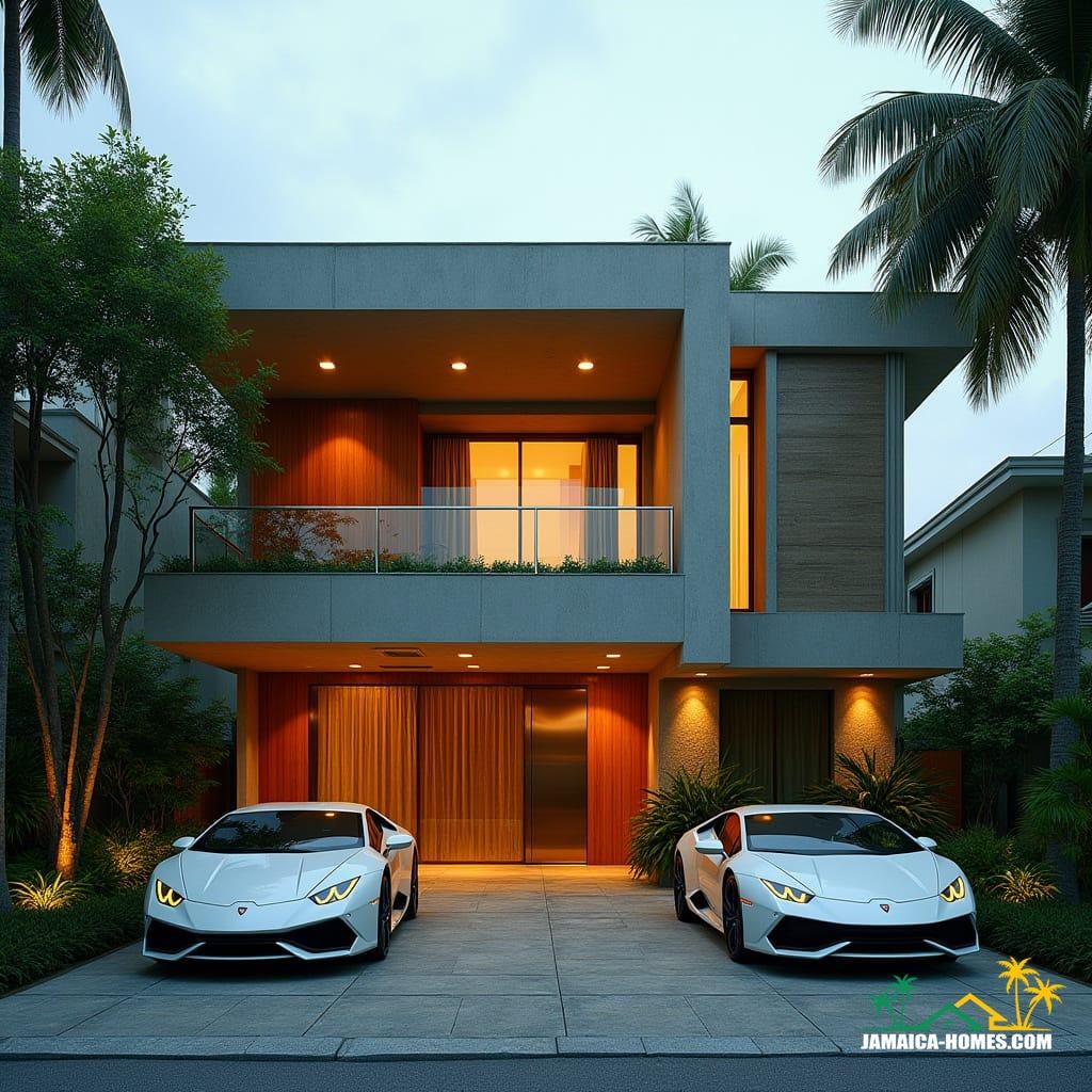 A modern townhouse in Kingston, Jamaica, with a bold, futuristic facade featuring a striking mix of solid concrete, rich wood paneling, and sleek glass balconies, stands proudly amidst lush tropical landscaping. The grand entrance boasts a minimalist steel and glass door, accented by warm recessed lighting that casts a golden glow on the surrounding foliage. Large, protruding concrete windows add a touch of industrial chic, while luxury cars are parked in the driveway, exuding an air of sophistication. The vibrant atmosphere is palpable, capturing the essence of upscale urban living in Jamaica's capital. Shot in a cinematic style reminiscent of Wes Anderson, with the gritty realism of Sebastião Salgado, and the vivid color palette of Gregory Crewdson, this image is a masterpiece of modern architecture and urban landscape photography. The film grain and vignette add a sense of nostalgia and depth, while the color grading and post-processing enhance the overall cinematic feel, evoking the grandeur of a 35mm film still, imbued with atmospheric lighting and a sense of drama.