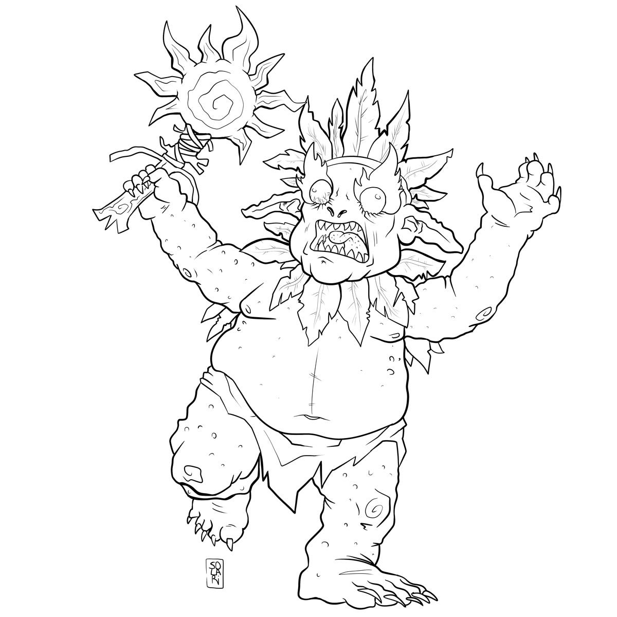Black and white line art of a goblin shaman with a fierce expression, bulging eyes, and sharp teeth. The goblin has a wild headdress made of leaves and wears a simple loincloth.