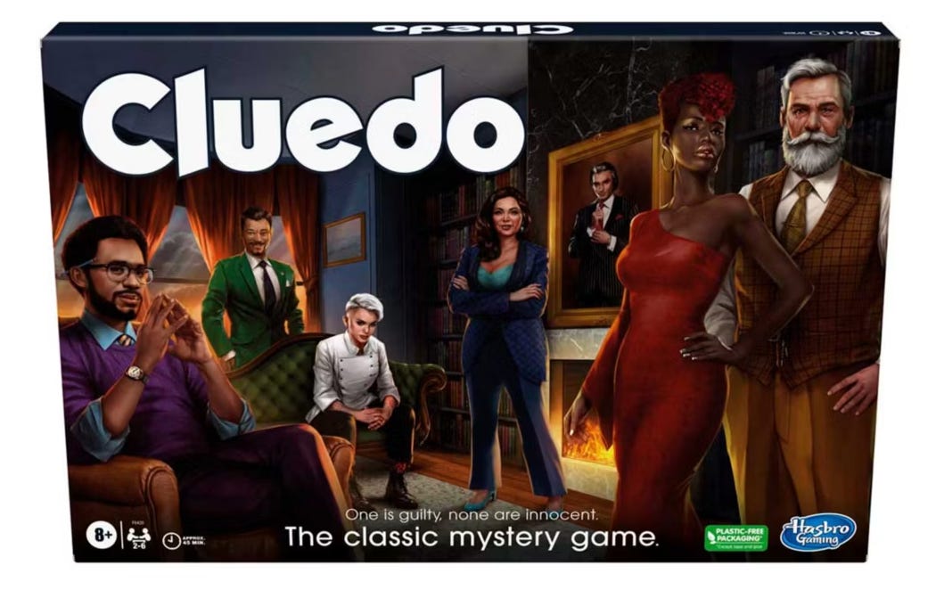 A screen grab of the Cluedo game box, which has a number of characters - captured in a big room. A fire is burning, they are all looking suspicious A screen grab of the Cluedo game box, which has a number of characters - captured in a big room. A fire is burning, they are all looking suspicious