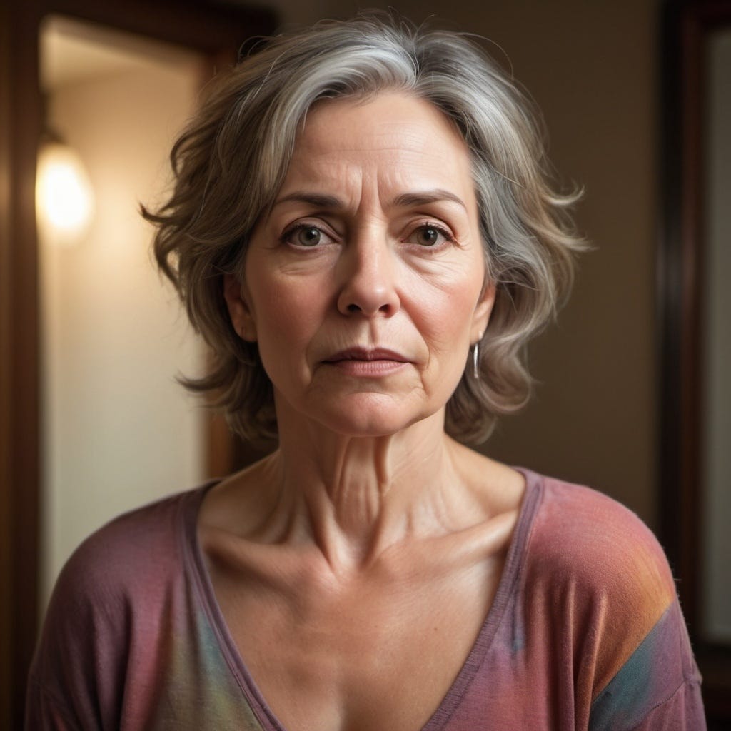 Vulnerable mature woman concerned about body image.