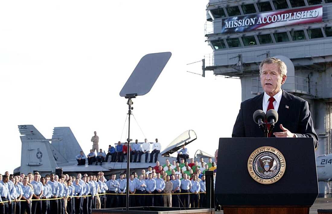 President George W. Bush speaks aboard the aircraft carrier USS Abraham Lincoln on May 1, 2003. He declared 'major combat operations' were over in Iraq, just weeks after the U.S. launched its war. However, the war dragged on for many more years as the U.S. battled insurgents. President George W. Bush speaks aboard the aircraft carrier USS Abraham Lincoln on May 1, 2003. He declared 'major combat operations' were over in Iraq, just weeks after the U.S. launched its war. However, the war dragged on for many more years as the U.S. battled insurgents.