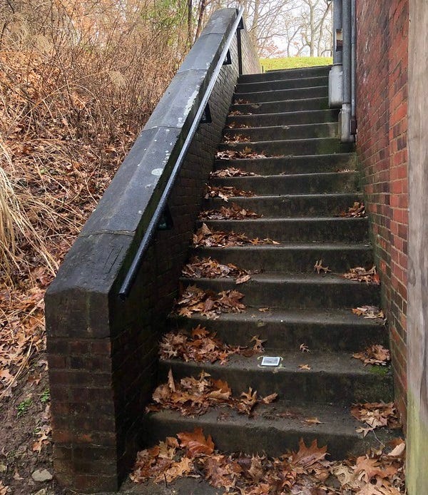 The old stone stairs at the community building in Sheraden Park, Pittsburgh.