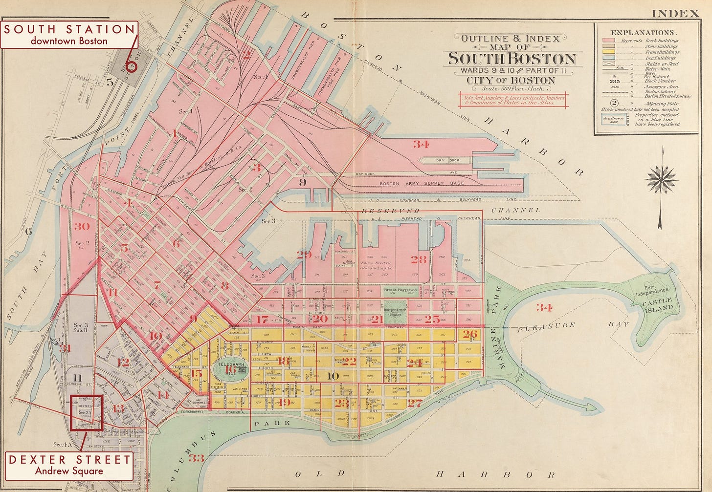 Index sheet of South Boston, 1919, with the Andrew Square block boxed in red.